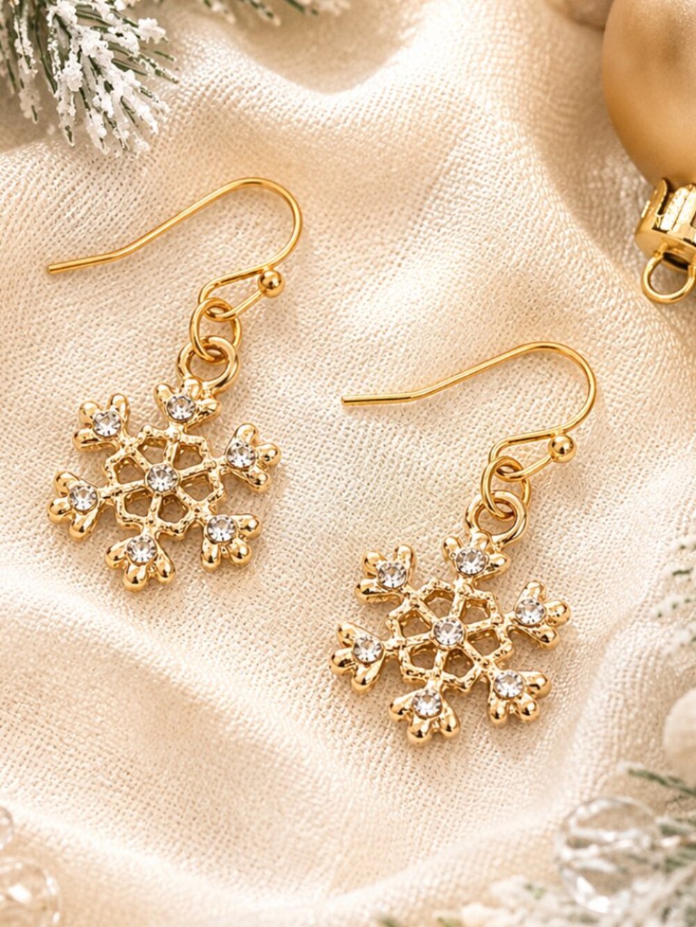 Gold Crystal Snowflake Dangle Earrings Winter Holiday Jewelry